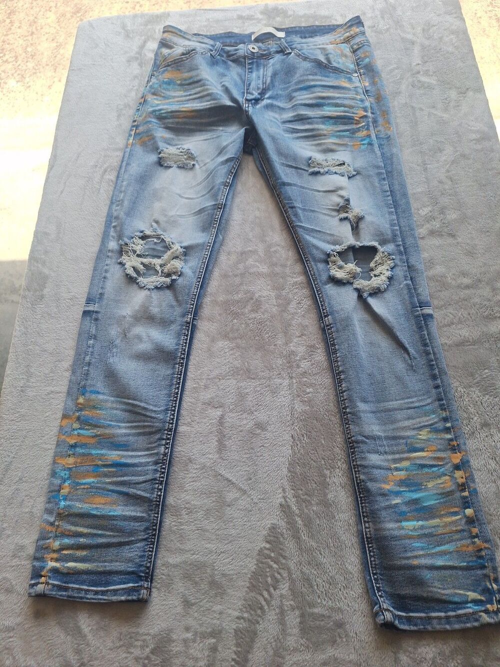 Men's KDNK Jeans Size 34 Blue Distressed Ripped Paint Splatter
